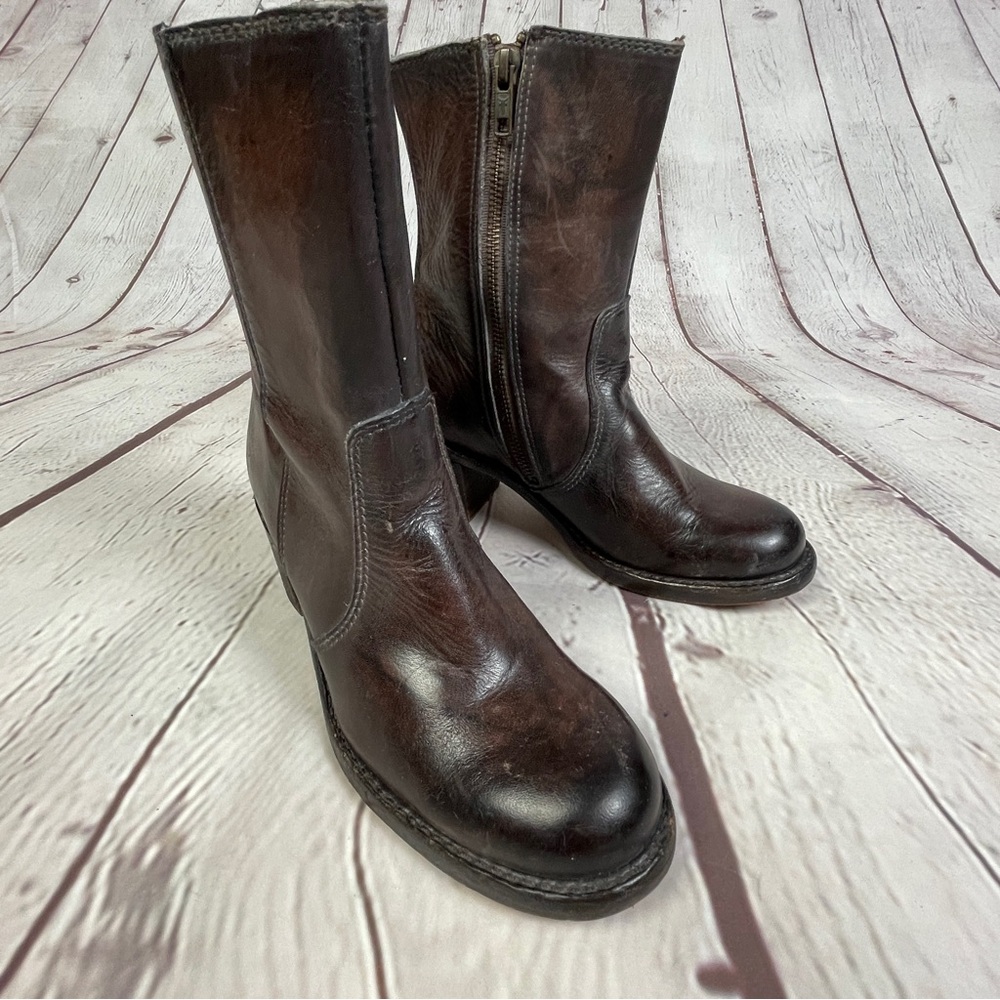FRYE Sabrina brown leather block heel round toe campus mid boots, size 6.5